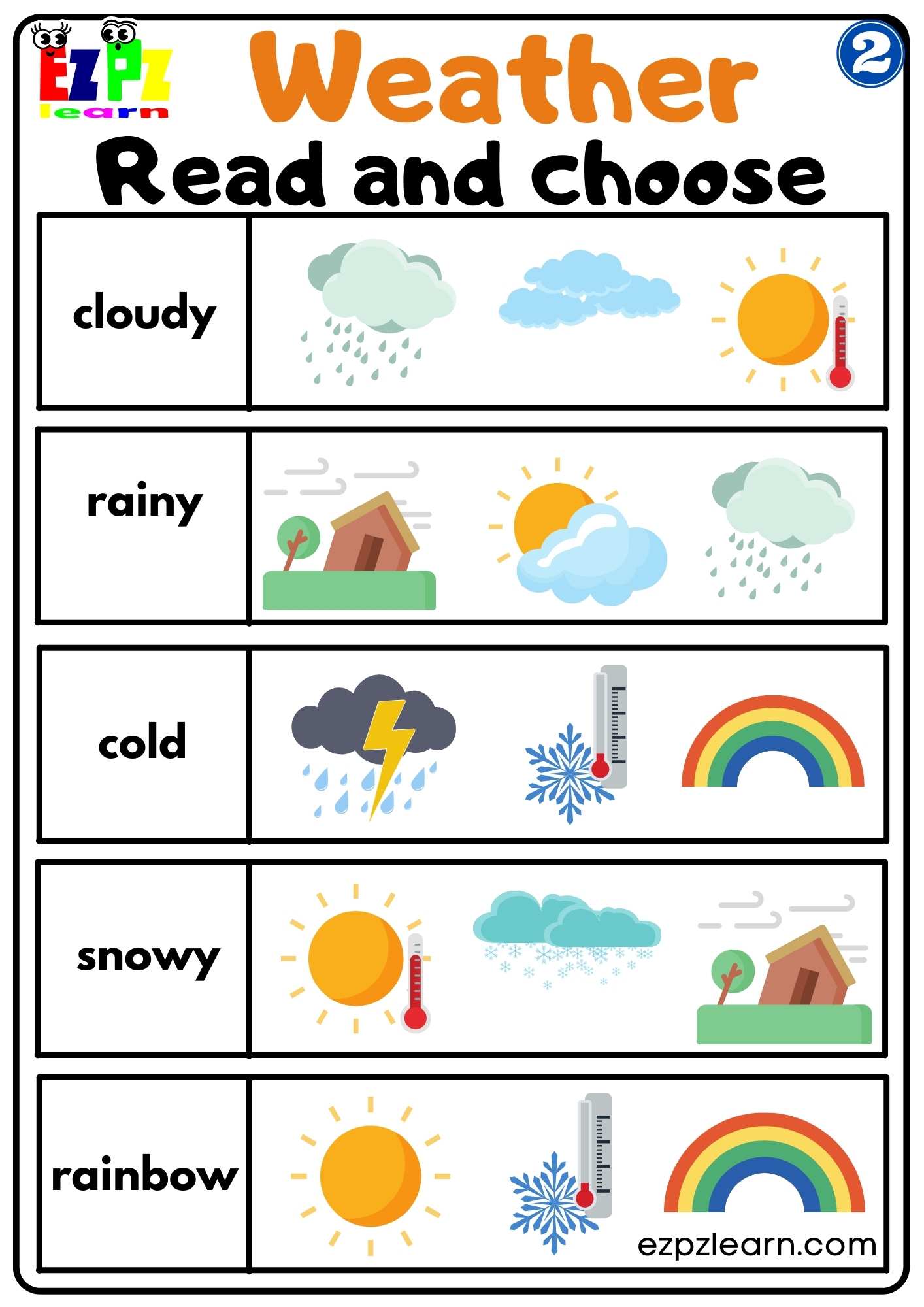Group 2 Weather Vocab Read and Choose Easy Worksheet for Kids K5 PDF Download